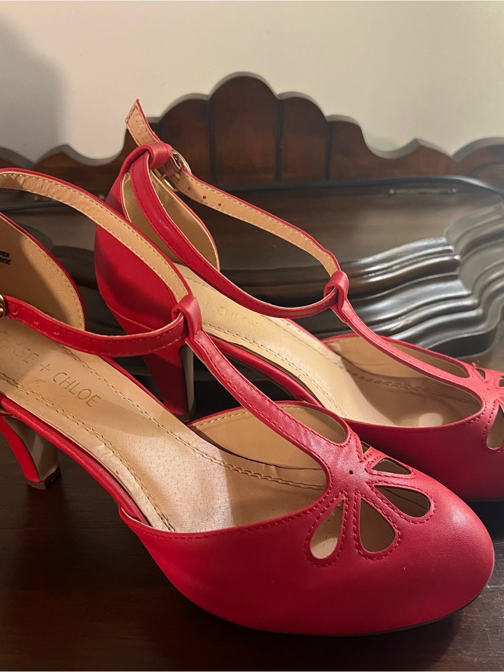 Chase + Chloe Red T-Strap Cutout Heels